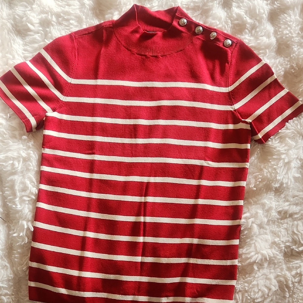 TALBOTS Med Striped Button Shoulder Top-NWT